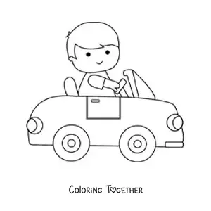 Coloring page of a kawaii boy driving a car