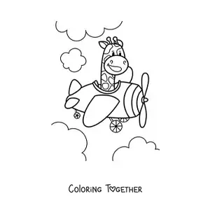 Coloring page of a cartoon kawaii giraffe flying a plane