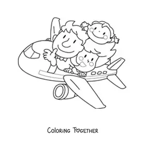 Coloring page of a kawaii family traveling on a plane