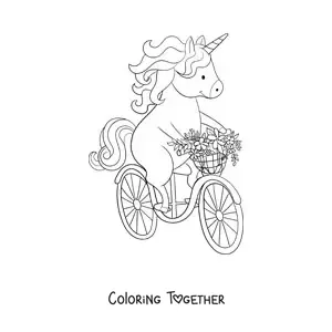 Coloring page of a kawaii unicorn riding a bike