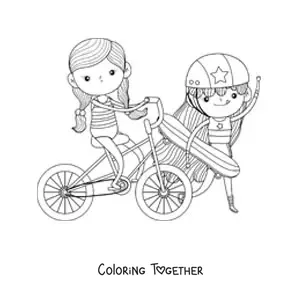 Coloring page of a girl on a bike