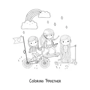Coloring page of girls riding bikes, skateboards and scooters