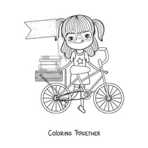 Coloring page of a girl with a bike and books