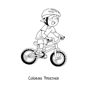 Coloring page of a kawaii boy on a bike