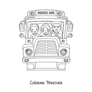 Coloring page of a school bus with students
