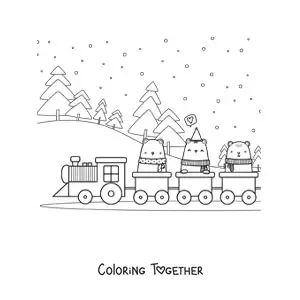 Coloring page of cartoon kawaii bears on a train