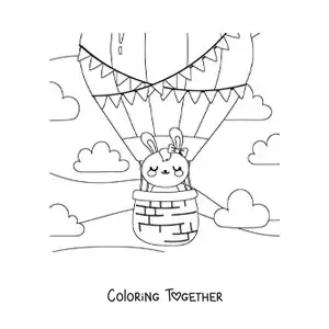 Coloring page of a cartoon kawaii rabbit in a hot air balloon