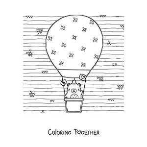 Coloring page of a cartoon kawaii bear in a hot air balloon