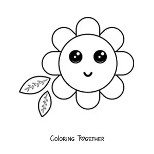 Coloring page of a big kawaii flower with leaves
