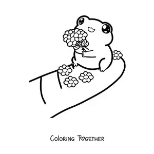 Coloring page of a kawaii frog with flowers