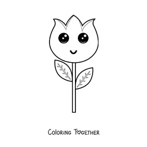 Coloring page of a big kawaii tulip with leaves