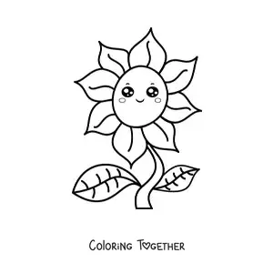 Coloring page of a big cartoon kawaii flower with leaves