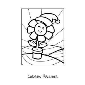 Coloring page of a cartoon flower with a Christmas hat