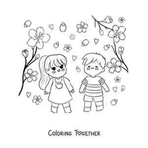 Coloring page of kawaii children watching cherry blossoms