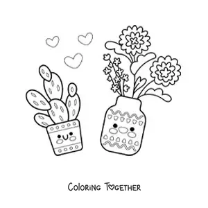 Coloring page of a pot with kawaii flowers next to a cactus