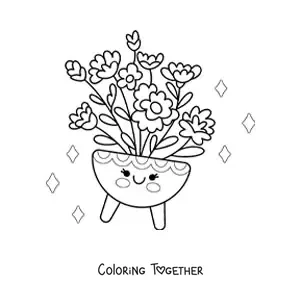 Coloring page of a big pot with kawaii flowers
