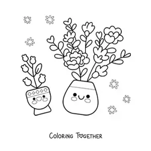 Coloring page of pretty pots with kawaii flowers