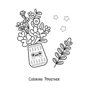 Coloring page of a pot with kawaii flowers and stars