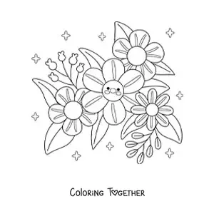 Coloring page of big kawaii flowers with leaves