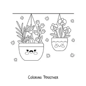 Coloring page of hanging pots with kawaii flowers