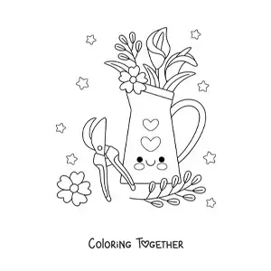 Coloring page of a vase of kawaii flowers next to pruning shears