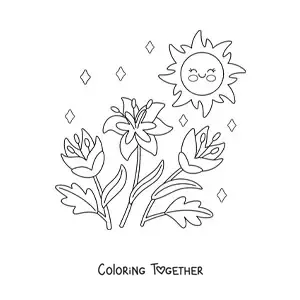 Coloring page of a kawaii sun with flowers