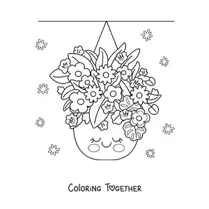 Coloring page of hanging pots with big kawaii flowers