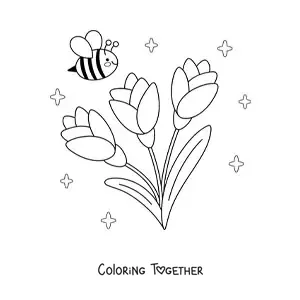 Coloring page of a kawaii bee with big flowers