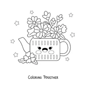 Coloring page of a vase of kawaii flowers with stars
