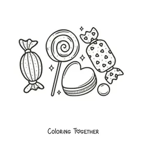Coloring page of a lollipop, a heart-shaped cookie, and candies around them