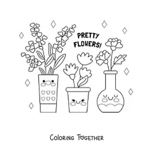 Coloring page of a vase and pots with pretty flowers