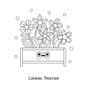 Coloring page of big flowers planted in a kawaii pot