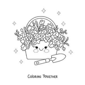 Coloring page of a kawaii basket with flowers next to a garden trowel
