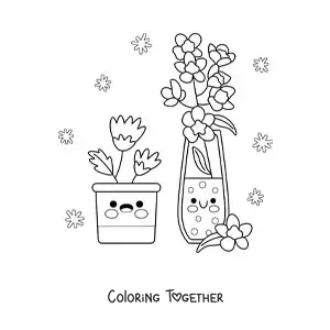 Coloring page of 2 flower pots with pretty flowers