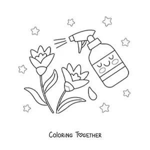 Coloring page of a kawaii spray bottle watering some flowers