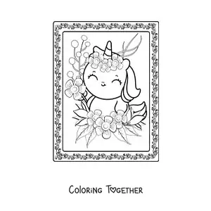 Coloring page of a big kawaii unicorn with flowers