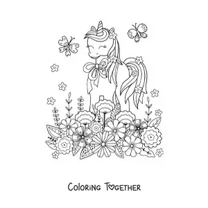 Coloring page of a kawaii unicorn with flowers and butterflies