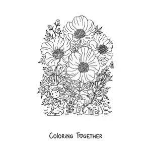 Coloring page of poppies with kawaii children