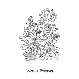 Coloring page of a lotus flower with a kawaii girl