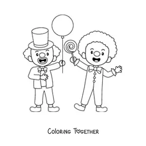 Coloring page of two clowns with a lollipop and a balloon