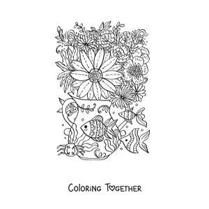 Coloring page of a vase of flowers with kawaii fish