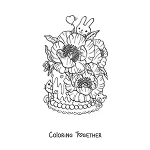 Coloring page of a cake with flowers with a kawaii rabbit and cat