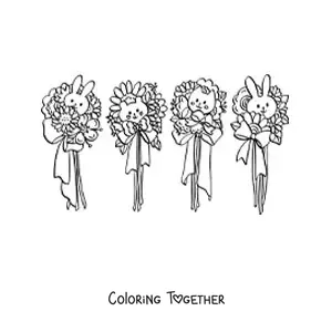 Coloring page of flowers with kawaii rabbits and a cat