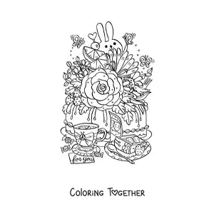 Coloring page of a cake with flowers and a teacup with a kawaii rabbit