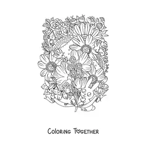 Coloring page of flowers with kawaii bunnies and animals