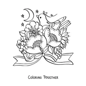 Coloring page of beautiful flowers with a kawaii dove and the Moon