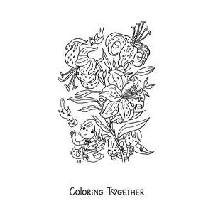 Coloring page of lilies with kawaii children