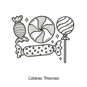 Coloring page of a lollipop and wrapped candies