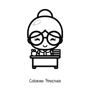 Coloring page of a kawaii teacher at her desk with an apple
