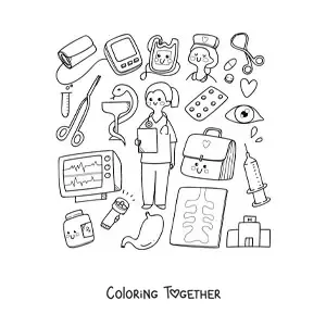 Coloring page of a kawaii woman doctor with cute things